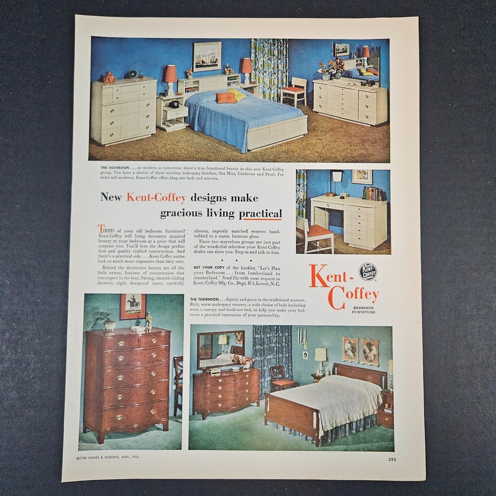 1953 Kent-Coffey Bedroom Furniture Vintage Print Ad Sovereign Thornton Lenoir NC